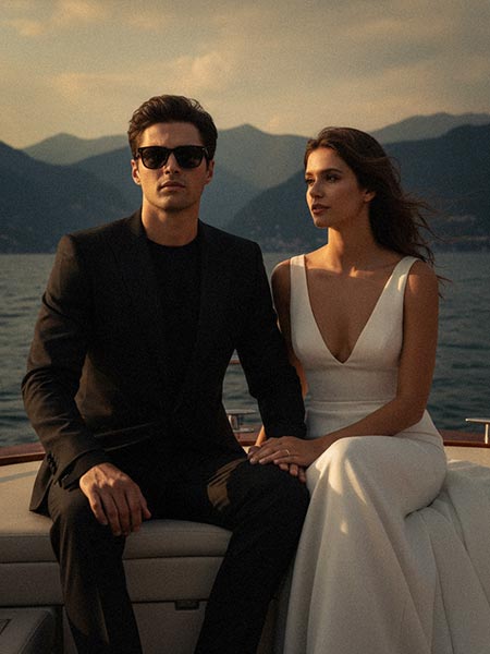 Couple during a private shooting on a Matteri luxury wooden boat on Lake Como Couple during a private shooting on a Matteri luxury wooden boat on Lake Como